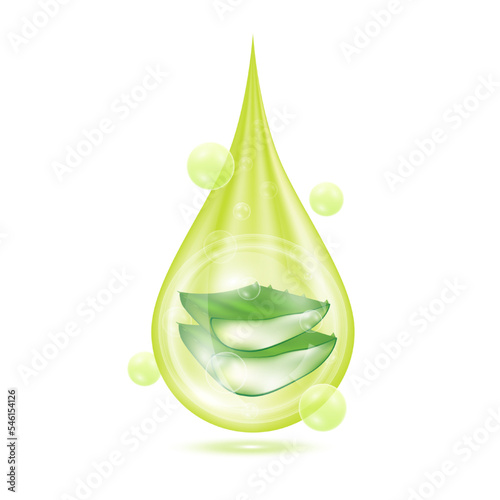 Drop serum aloe. Vitamin collagen anti aging serum. Natural skincare cosmetic. Water droplets green with oxygen bubbles isolated on white background. Realistic 3d vector.