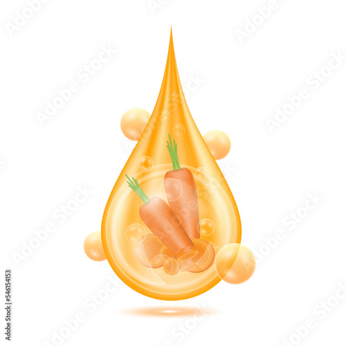 Drop serum carrot. Vitamin collagen anti aging serum. Natural skincare cosmetic. Water droplets orange with oxygen bubbles isolated on white background. Realistic 3d vector.