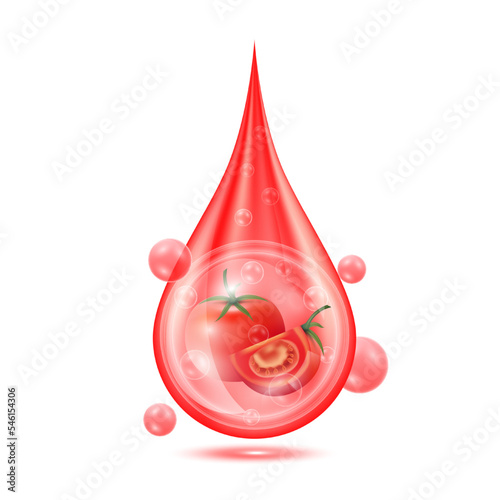 Drop serum tomato. Vitamin collagen anti aging serum. Natural skincare cosmetic. Water droplets red with oxygen bubbles isolated on white background. Realistic 3d vector.