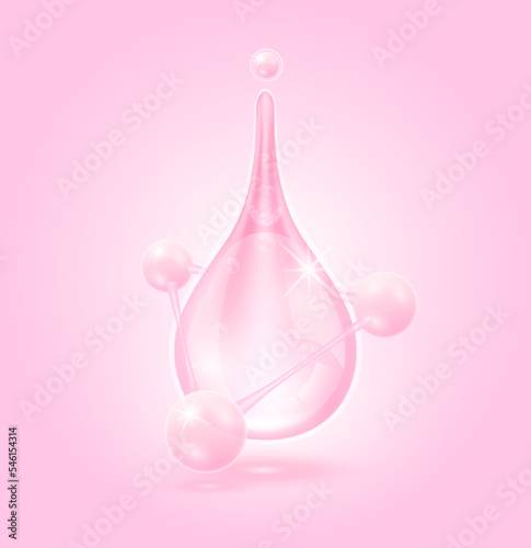 Serum skincare transparent pink water drops. Moisturizer collagen with molecule glittering and bubbles hyaluronic acid. For ad for beauty cosmetics ads design. Realistic 3d vector illustration.