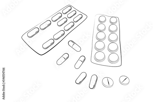 simple vector sketch top view, stack of pills and capsules
