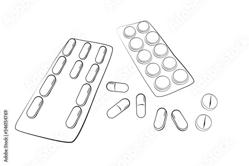 simple vector sketch top view, stack of pills and capsules