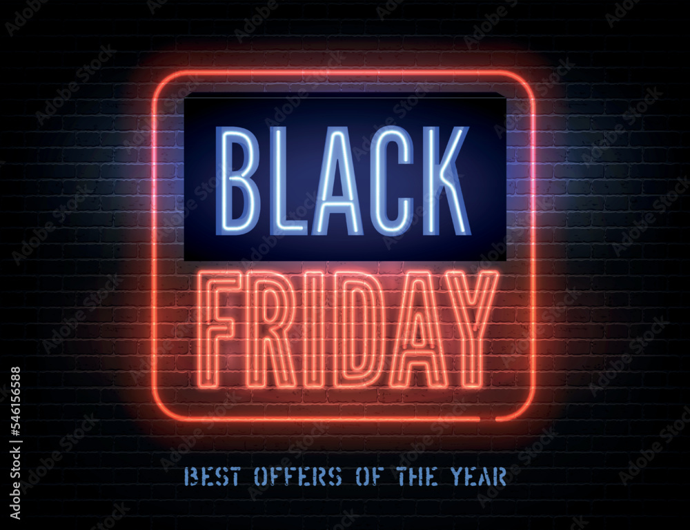 Black friday sale, year biggest sale vector banner template. Red blue neon light box with annual discount offer promo. Stylish seasonal clearance advert. Price reduction minimal sticker design.