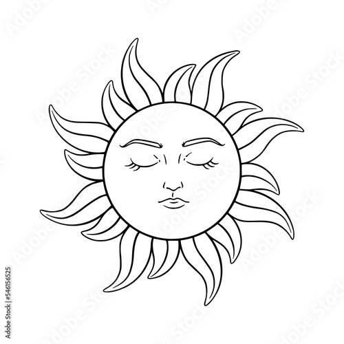 Tarot sun astrology symbol. Spiritual tarot sun with face. Vector illustration isolated in white background