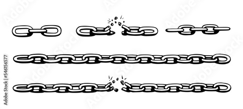 Broken chain with shatters as symbol of strength and freedom. Sketch of metal chains. Vector illustration isolated in white background