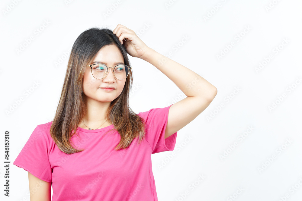 scratching head and looking confused Of Beautiful Asian Woman Isolated On White Background