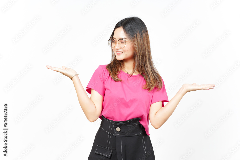 Showing and Presenting Two Product on Open Palm Of Beautiful Asian Woman Isolated On White Showing and Presenting Two Product on Open Palm Of Beautiful Asian Woman Isolated On White