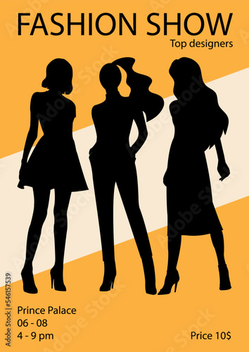 Fashion show invitation templates with young top models wearing trendy clothes and doing catwalk or demonstrating apparel on runway. Hand drawn vector illustration art.
