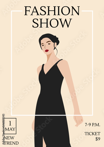 Fashion show invitation templates with young top models wearing trendy clothes and doing catwalk or demonstrating apparel on runway. Hand drawn vector illustration art.