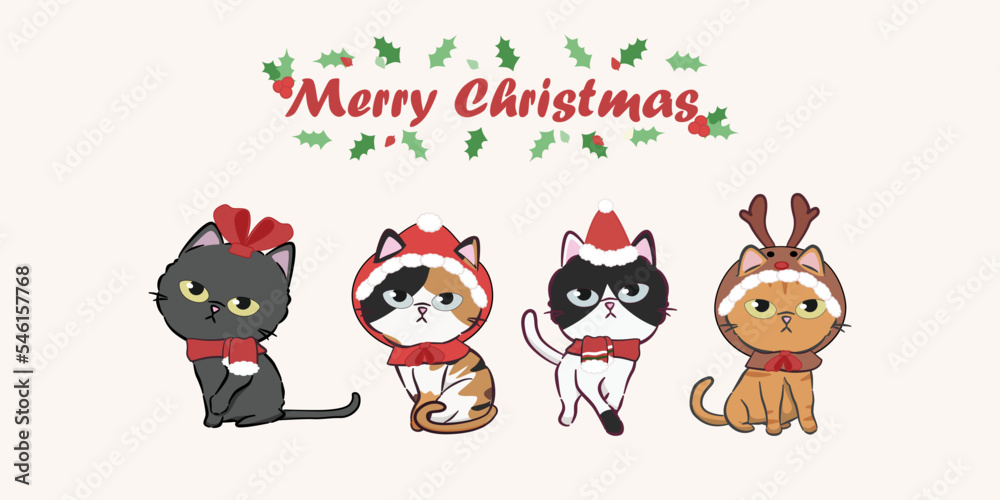 Obraz premium Merry Christmas with cute cat dress up collection. Cute cat character for christmas and new year. Graphic resource for graphic, content , banner, sticker label and greeting card.