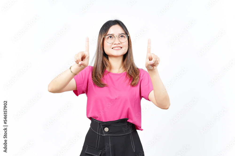 Showing Product and Pointing Up Of Beautiful Asian Woman Isolated On White Background Showing Product and Pointing Up Of Beautiful Asian Woman Isolated On White Background