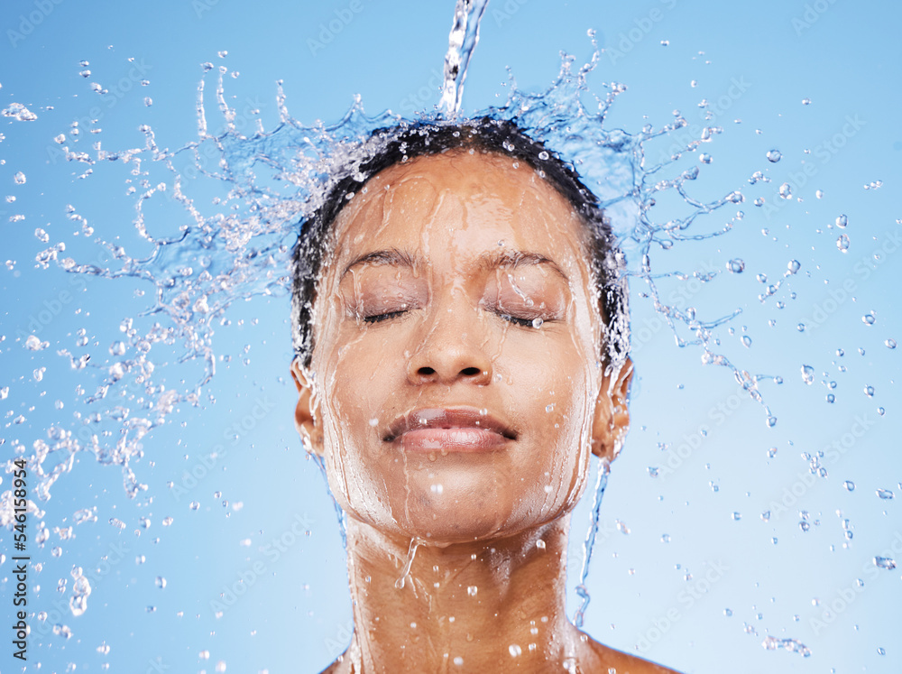 Beauty, water and splash with black woman and shower for hydration
