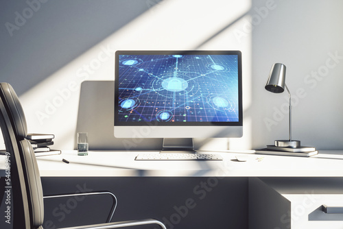 Computer monitor with creative light lock illustration and microcircuit, cyber security concept. 3D Rendering