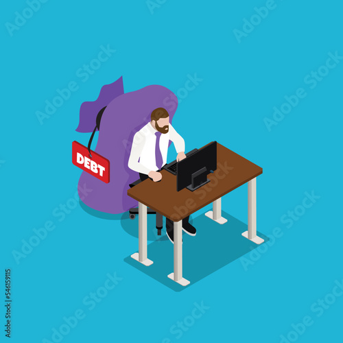 Business debt - Businessman with a big bag of debt on his back isometric 3d vector illustration concept for banner, website, illustration, landing page, flyer, etc.