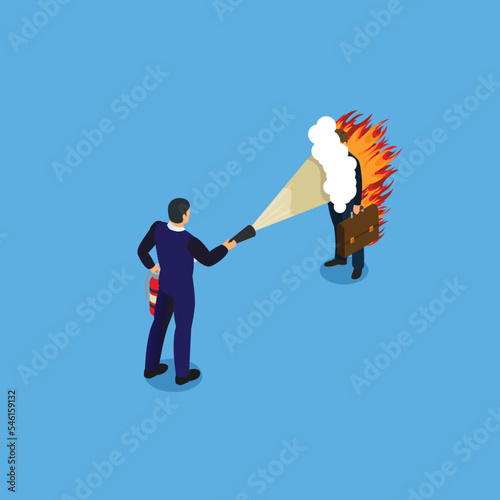 Businessman trying to extinguish his colleague who is on fire isometric 3d vector illustration concept for banner, website, illustration, landing page, flyer, etc.