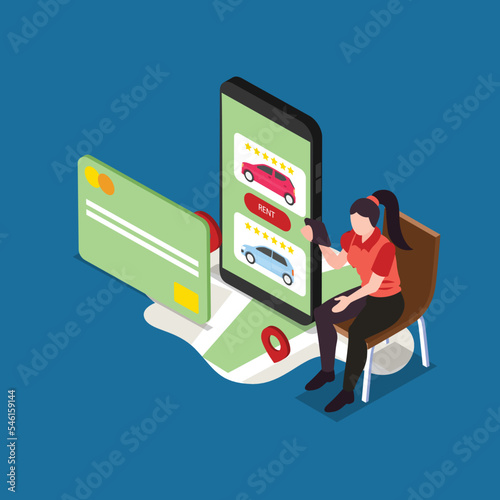 car rental booking reservation on mobile smartphone isometric 3d vector illustration concept for banner, website, illustration, landing page, flyer, etc.