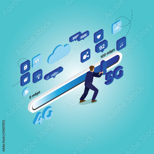 Businessman speeds up wireless internet isometric 3d vector illustration concept for banner, website, illustration, landing page, flyer, etc.
