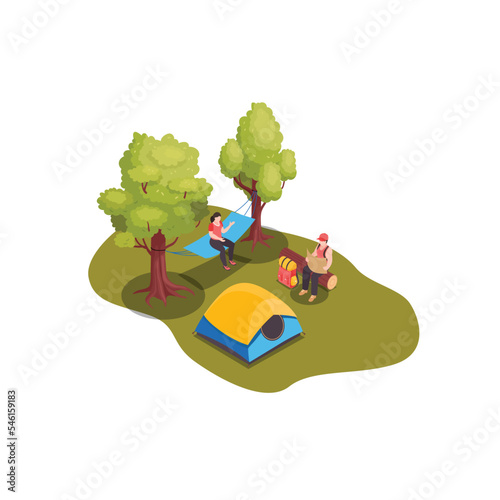 Camping tent with campers, logs and hammock isometric 3d vector illustration concept for banner, website, illustration, landing page, flyer, etc.