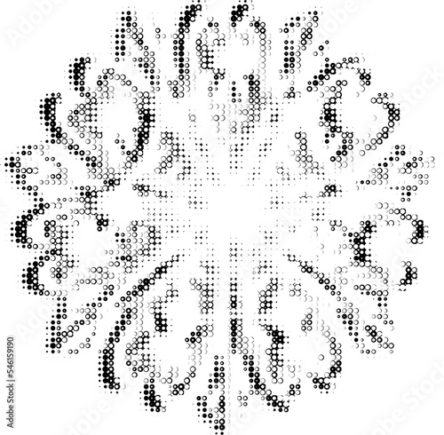 Perforated outline of a weightless snowflake with floral elements. Contour from pease, bullet, bubbles, mote, speckle, mottle, petals. Imitation of duplicate bottom layer. Space for copy text. Vector.