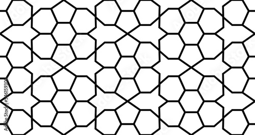 Repeating geometric pattern of mixed shapes in black outline forming space ship outlines, PNG transparent background © Hi-Point