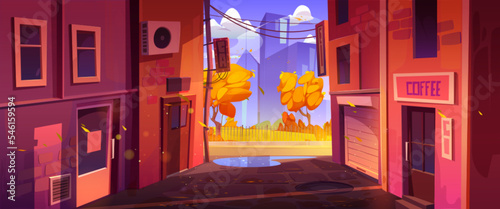 Empty back alley and city street with houses at autumn. Town fall landscape with alleyway between old buildings, trash bins, boxes, park with orange trees and puddle, vector cartoon illustration