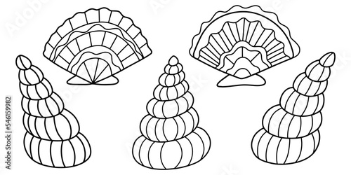 Five hand-drawn cartoon seashells black outline isolated on white vector illustration. Doodle sea shells isolated on white. Colouring book page for kids and adults horizontal printable page © Anastasia Rybalka