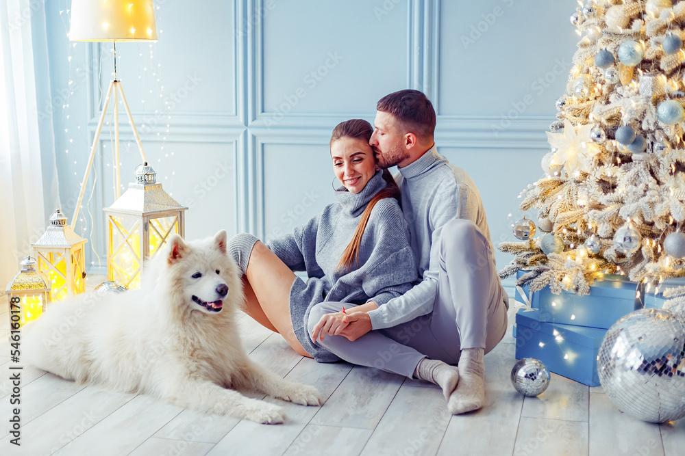 happy couple with a dog sitting near Christmas tree at home. hearth, home clothes and sweaters happy couple with a dog sitting near Christmas tree at home. hearth, home clothes and sweaters