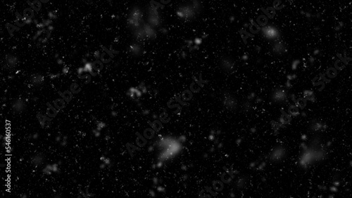 Different realistic falling snow or snowflakes. Falling snow isolated on black background. Winter snowfall illustration. Bokeh lights on black background, flying snowflakes in the air. Snow at night.