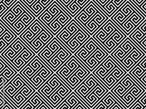 Fototapeta Naklejka Na Ścianę i Meble -  Diagonal Greek Key style repeating pattern in black outline, PNG transparent background