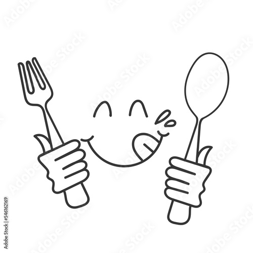 hand drawn doodle yummy face smiley icon delicious holding fork and spoon illustration