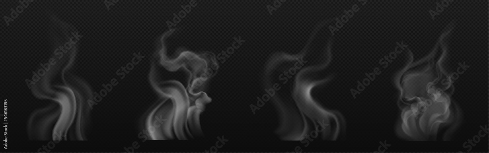 Tea smoke, coffee cup, food steam or vapor clouds, realistic white cigarette or hookah steam trail, hot dish or mug haze isolated design elements on black background, 3d Vector illustration, set