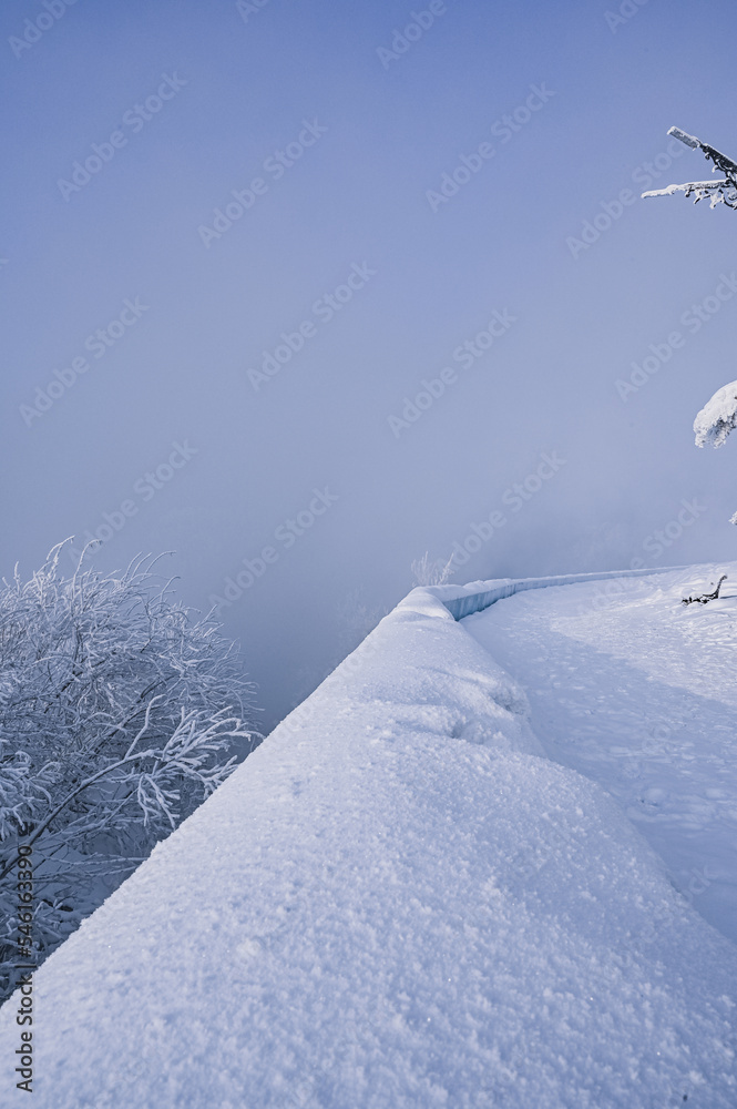 Fototapeta premium The road through the winter, snowy forest. Trees in the snow. Snow hidden path, fog.