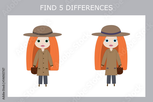 Educational game for children. Find in the row all the differences in girls that are different from others, and circle them