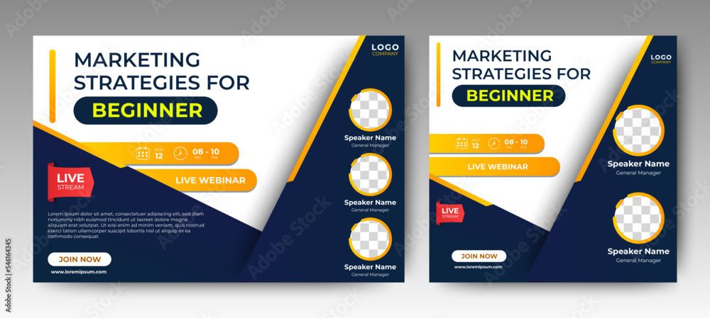 Marketing Strategies live webinar banner invitation and social media post template. Business webinar invitation design. Vector Marketing Strategies live webinar banner invitation and social media post template. Business webinar invitation design. Vector