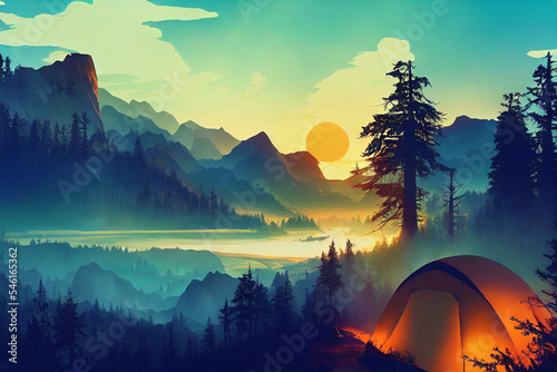  firewatch wallpaper background. beautiful scenery landscape graphic design. camping photo