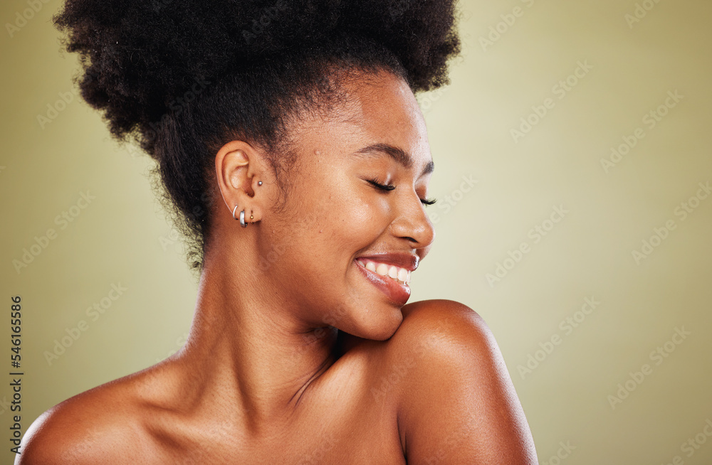 Makeup, cosmetics and beauty mockup of model happy with self care treatment, wellness and luxury healthcare. Self love, facial routine and mock up face of black woman with natural aesthetic skincare