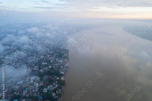 Aerial view of Varanasi city with Ganges river, ghats, the houses in Varanasi, Banaras, Uttar Pradesh, India