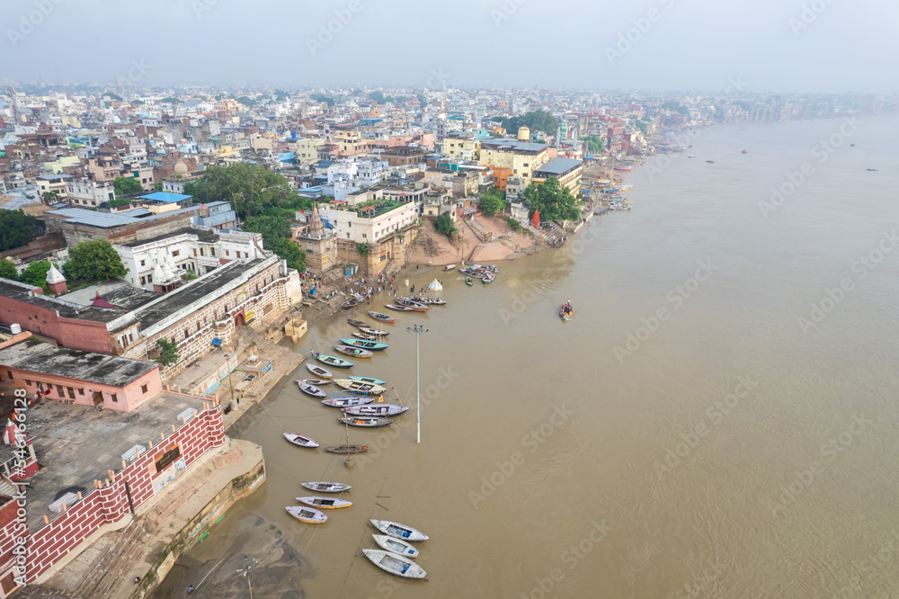 Aerial view of Varanasi city with  Ganges river, ghats, the houses in Varanasi, Banaras, Uttar Pradesh, India