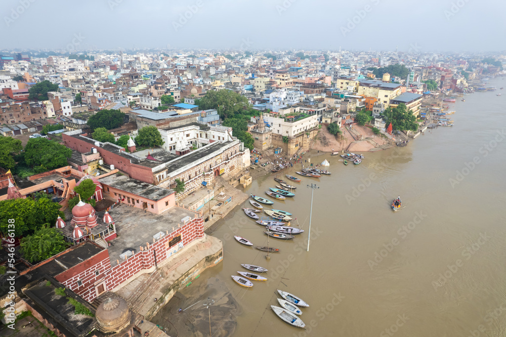 Aerial view of Varanasi city with  Ganges river, ghats, the houses in Varanasi, Banaras, Uttar Pradesh, India