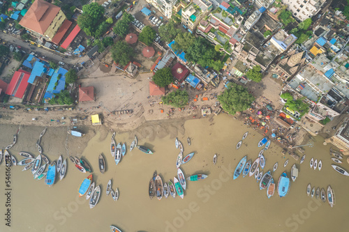 Aerial view of Varanasi city with  Ganges river, ghats, the houses in Varanasi, Banaras, Uttar Pradesh, India © Nhan