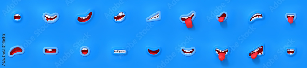 3d render mouths set, funny monster or cute cartoon personage different expressions and emotions. Smile with teeth, sticking out tongue, screaming, laughing, exhausted, Illustration in plastic style 3d render mouths set, funny monster or cute cartoon personage different expressions and emotions. Smile with teeth, sticking out tongue, screaming, laughing, exhausted, Illustration in plastic style