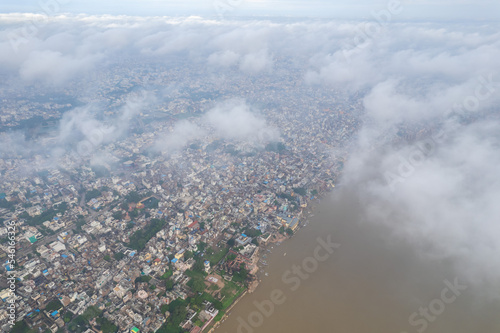 Aerial view of Varanasi city with  Ganges river, ghats, the houses in Varanasi, Banaras, Uttar Pradesh, India © Nhan
