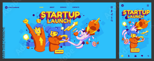 Startup launch banner with flying rocket, happy people and growth graph. Concept of boost new business, development project, start up, vector landing page with illustration in contemporary style