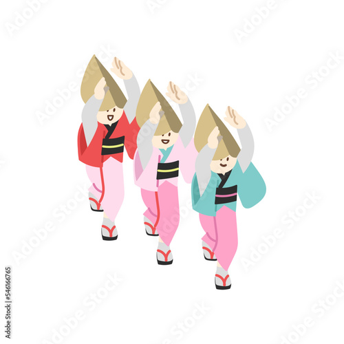 阿波踊りをする女性三人　シンプル