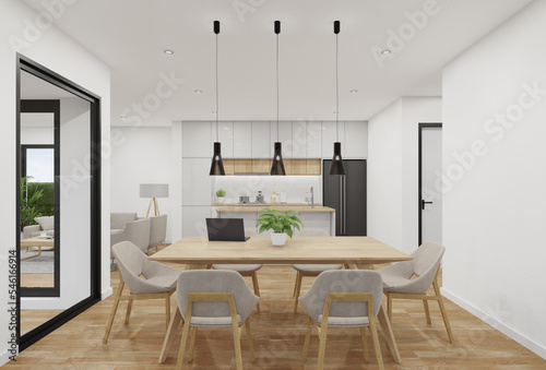 Dining room with table and chairs on wooden floor. 3d rendering of residential building interior.