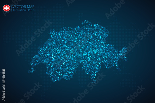 Map of Switzerland modern design with abstract digital technology mesh polygonal shapes on dark blue background. Vector Illustration Eps 10.