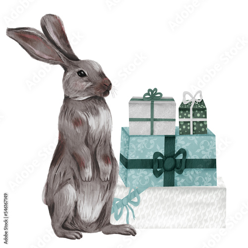 A hare and boxes with gifts. Isolated illustration for design in watercolor style.