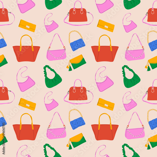 Seamless pattern with Set of various colorful female bags. Womens handbag, cross body, tote, shopper, hobo, clutch, wallet, purse. Fashionable leather accessories. 