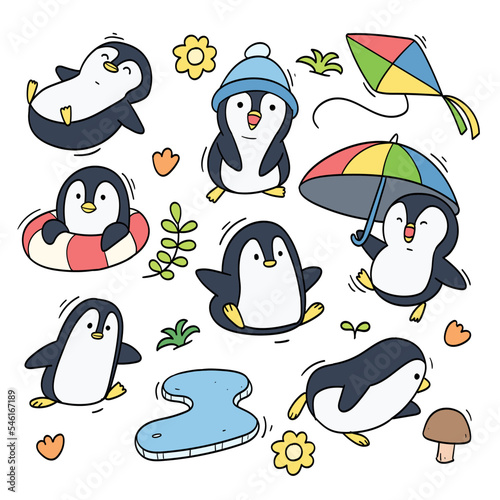 Penguin Doodle Colorful Hand Drawn Illustration Vector Set