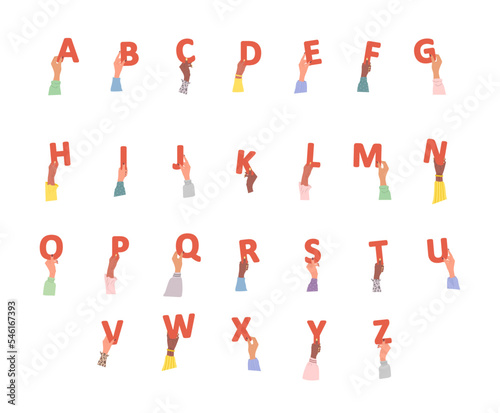 Group of different female hands holding red alphabet letters. Diverse multi-ethnic people are together. Vector hand drawn illustration in cartoon style. Clipart isolated in white background.